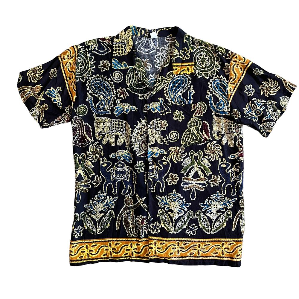 Vintage Men's L Ethnic Rayon Short Sleeve Hawaiian Shirt Mix Print Black Multi